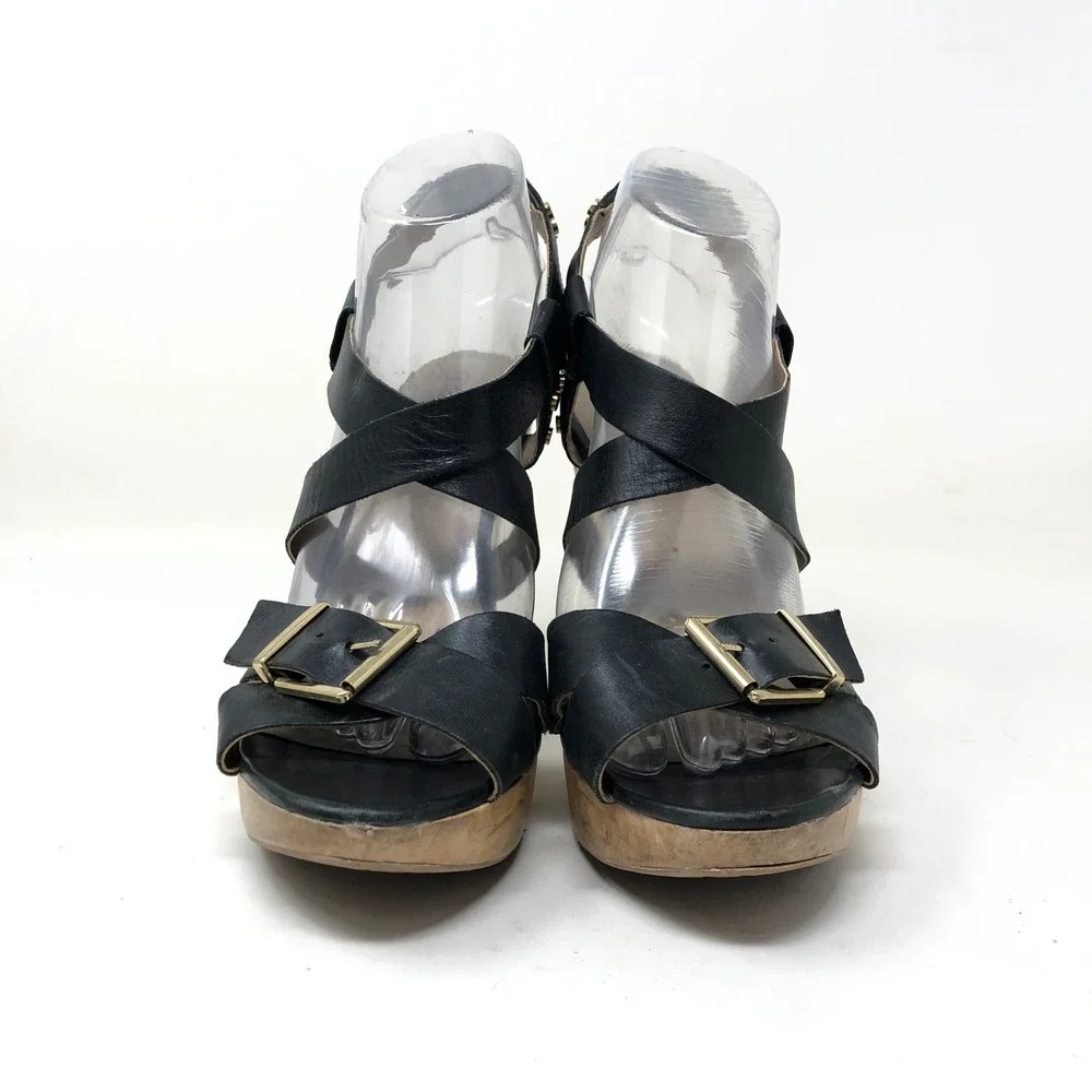 VTG Wooden Sandals Me Too Womens 8.5M Ebony Leather Black Wood Heel Buckle‎